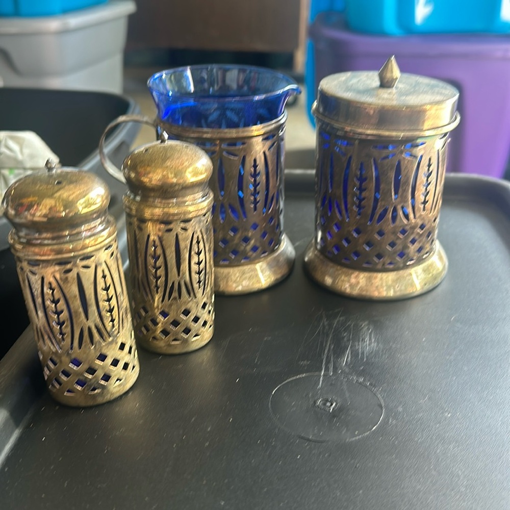 Vintage Colbalt Blue and silver Salt/Pepper shaker & sugar and creamer set